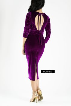 This gorgeous ''Maeve'' velvet tango dress includes a round back with two straps to be tied together. It holds a fitted cut, giving it a feminine touch, and has a back opening to provide you with freedom of movement. The dress also has a boat neckline and is tailored with stretch velvet. Offering you comfort along with elegance, this is a must have dress. It can be worn for dancing or any special occasion, like New Years Eve or a Christmas Party. Available in different colors! Details: - Bust lined. - Front length: 110 cm/ 43.3 in (from the shoulder to the hem). If you need a different length, contact me when you place your order. - Back length: 110 cm/43.3 (from the shoulder to the hem) - Back slit: 30cm /11.8 in Slight variations may occur in the measurements. The model is 160cm/5' 3" ta Fitted Midi Dress For Gala Party Season, Fitted Midi Dress For Gala And Party Season, Elegant Velvet Midi Dress For Party, Fitted Purple Midi Dress For Evening, Fitted Velvet Cocktail Dress For Party Season, Fitted Velvet Party Dress, Knee-length Velvet Dress For Night Out, Fitted Velvet Midi Dress For Cocktail, Fitted Velvet Midi Dress For Night Out