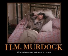 a man laying on top of a bed next to a sign that says h m murdock