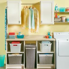 the laundry room is clean and ready to be used for cleaning or other things that are stored in baskets