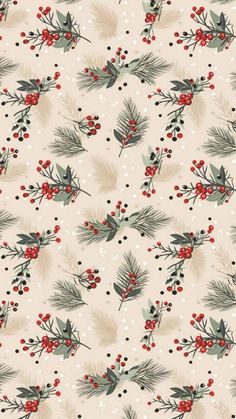 a christmas pattern with holly berries and pine cones on a cream background that has snow flakes