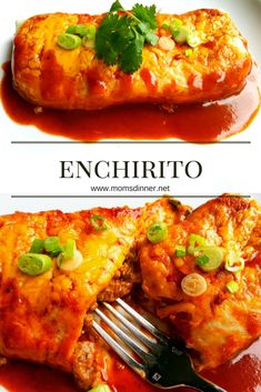 two pictures of enchiritoo with sauce and green onions on the side, one has a fork in it