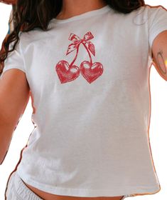 Sweet Fitted Cotton T-shirt, Y2k Style Cotton Tops With Cherry Print, Fitted Cotton T-shirt With Cherry Print, White Y2k Tops With Cherry Print, Cotton Crew Neck Top With Cherry Print, Sweet Red Crew Neck Top, Cute Cotton T-shirt With Heart Graphic, Trendy Cotton Tops With Heart Print, Y2k Heart Print Top For Spring