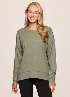 Sage Casual French Terry Crew Neck Top, Sporty French Terry Sweats For Fall, Cozy Fit Athleisure Sweatshirt For Everyday Wear, Comfortable Athleisure Sweatshirt For Everyday, Long Sleeve Athleisure Tops For Everyday, French Terry Athleisure Sweats For Everyday, Sporty French Terry Sweatshirt For Fall, Fall Crew Neck Athleisure Sweater, Casual French Terry Long Sleeve Tops