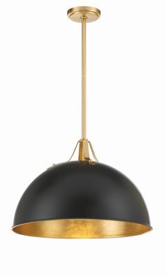 a black and gold pendant light hanging from a ceiling fixture with an oval shade on the top