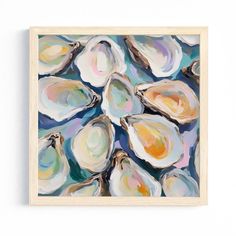 an abstract painting of oysters on a white wall with blue and yellow colors in the background