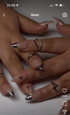 Nessa Barrett Nails Ideas, Nails Rings Aesthetic, Birthday Gel Nails Ideas Sparkle, Witchy Vibes Nails, Concert Nail Designs, Nails 2024 French, Eras Tour Nails Ttpd, Birthday Nails With Rhinestones, Nails Acrylic With Gems