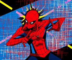 a spider - man is standing in front of an abstract background