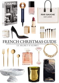 the french christmas guide is full of gold, black and white accessories with text overlay