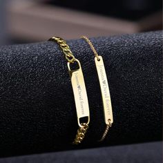 Show your special someone how much you care with this handmade custom bracelet set! Crafted from high-quality stainless steel, these bracelets are made to last and will make a meaningful and lasting statement of love. With a brushed finish, the bracelet is engraved with special words that can be customized to fit you and your significant other's special bond. Choose from four different colors - black, gold, rose gold and silver - to complement any style or mood. Each set includes two bracelets s Metal Name Bracelet For Mother's Day And Friendship, Customizable Stainless Steel Friendship Bracelets, Personalized Stainless Steel Charm Bracelet For Friendship, Personalized Meaningful Stainless Steel Bracelets, Meaningful Personalized Stainless Steel Bracelets, Metal Name Bracelet With Adjustable Chain As Gift, Gift Metal Name Bracelet With Adjustable Chain, Personalized Metal Chain Bracelet For Anniversary, Adjustable Stainless Steel Chain Bracelet Gift