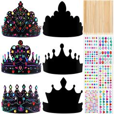 PRICES MAY VARY. Rich Art Party Favors: the package contains 24 pieces of scratch DIY paper crowns, 24 pieces of elastic bands, 24 pieces of wooden scratch sticks, and 8 sheets of gem stickers, enough for kids to create their own style crowns, meet your kids' creative needs, and share with buddies and spend happy time together Enjoy the DIY Process: these paper crowns for kids have a special scratch design, so kids can use the wooden stick to DIY the pattern they like, helpful to stimulate the c Diy Kids Party Favors, Jewel Stickers, Party Favors Diy, Art Party Favors, Kids Party Favors, Headband Crafts, Crown For Kids, Crown Crafts, Diy Crown