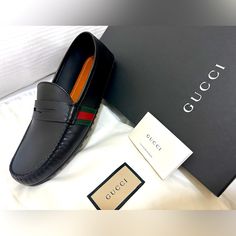 Gucci Moccasins 8.5 Mens In Black. Brand New In Box Never Worn. $625 Shipped. Just For Reference I Wear A Normal 10 With Sperry Top Siders And The Fit On This Is Similar. Gucci Luxury Leather Dress Shoes, Luxury Gucci Leather Dress Shoes, Luxury Black Loafers With Leather Lining, Gucci Modern Black Loafers, Luxury Gucci Dress Shoes With Leather Sole, Gucci Luxury Loafers With Leather Lining, Gucci Luxury Leather Shoes With Round Toe, Gucci Leather Shoes With Rubber Sole, Gucci Luxury Slip-on Dress Shoes