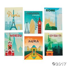 four different travel posters with the names of cities in english, french, and spanish