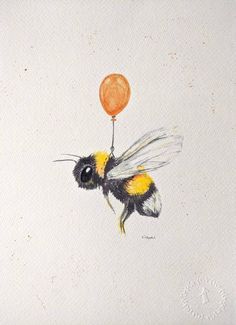 a painting of a bee flying with a balloon in its mouth, on a white background