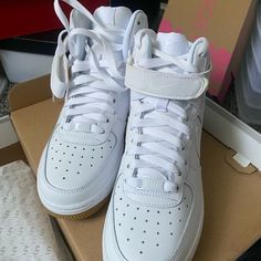 White With Gum Bottoms, Big Kids Size 5.5, Fits Women’s Size 7. New White High-top Nike Air Force 1 With Laces, White Nike Air Force 1 With Round Toe, White Ankle-high Synthetic Skate Shoes, White High-top Nike Air Force 1 With Cushioned Footbed, White High-top Nike Air Force 1, Nike Air Force 1 High-top Synthetic Sneakers, White Nike Air Force 1 High-top, White Nike Air Force 1 Mid-top Synthetic, White Synthetic Nike Air Force 1 Mid-top