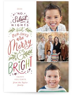 This holiday card features hand lettering and multiple spots for photos Silent Night Christmas Card, Family Photo Cards, Bohemian Christmas, Family Holiday Photos, Pink Holiday, Merry Happy, Funny Christmas Cards, Holiday Postcards, Christmas Postcard