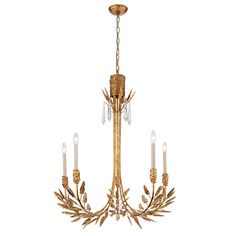 a gold chandelier with five candles hanging from it