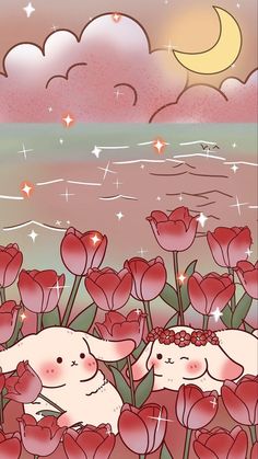 two pigs are in the middle of red flowers