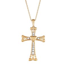 "Display your devotion with this lovely diamond cross pendant necklace. Click on this JEWELRY & WATCHES GUIDE to learn about fit, styles, materials and more!PENDANT DETAILS Pendant size: 1.67\"L x 0.92\"W Chain length: 18 in. Chain type: rope Clasp: spring ring Metal: sterling silver Plating: yellow rhodium DIAMOND DETAILS Total weight: 1/4 ct. Shape: round Color grade: I-J Clarity: I2-I3 Setting: prong Gemstones may have been treated to enhance their appearance. Special care may be required. Pl Diamond Cross Jewelry With Diamond Accents, Cross Shaped Diamond Jewelry With Accents, Diamond White Crucifix Cross Necklace For Anniversary, Diamond White Crucifix Necklace For Anniversary, Fine Jewelry Cross Shaped With Diamond Accents, Fine Jewelry Cross With Diamond Accents, Anniversary Diamond Cross Pendant Necklace, Fine Jewelry Diamond Cross Necklace With Accents, Diamond White Cross Pendant Necklace For Anniversary