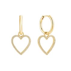 Heart Huggie Earrings - 18k Gold Plated with Zircon, Dainty Gold Heart Necklace for Women Discover the perfect blend of romance and elegance with our Bailey Heart Huggie Earrings. Featuring a delicate heart-shaped design adorned with sparkling zircon stones, these earrings offer a versatile style. Wear them with or without the removable heart charm for two stunning looks. Crafted from luxurious 18k gold plated brass, they're the perfect addition to any jewelry collection. Key Features: Romantic Heart Huggies, Gold Huggie Hoop Earrings, Gold Heart Earrings, Gold Huggie Earrings, Huggie Earrings Gold, Gold Heart Earring, Heart Hoop Earrings, Heart Shaped Earrings, Gold Heart Necklace