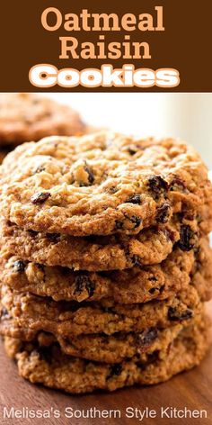 oatmeal raisin cookies stacked on top of each other with text overlay