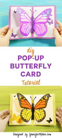 someone holding up a butterfly card with the words diy pop - up butterfly card