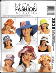 McCall's 3625 Fashion HATS Brim And Crown Variations Sun, Cloche, Millinery Sewing Pattern. Pattern 3625 is UNCUT and in factory folds. Pattern will make styles as shown on envelope front. Bucket Hat Pattern, Sewing Hats, Hat Patterns To Sew, Costume Sewing Patterns, Cap Patterns, Wide Brim Sun Hat, Butterick Sewing Pattern, Easy Stitch, Mccalls Sewing Patterns