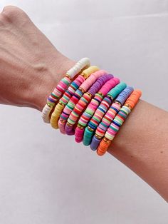 Colorful Heishi Bracelet, Heishi Jewelry Bracelets, Summer Heishi Bracelets, Colorful Heishi Beads Bracelets For Friendship, Multicolor Heishi Beads Stretch Bracelet, Rainbow Heishi Beads Friendship Bracelet, Playful Multicolor Heishi Beads Stretch Bracelet, Heishi Bracelet Diy, Clay Bracelets Diy