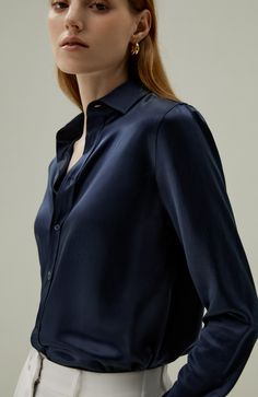 The basic long-sleeve shirt with an open placket is classic, and the proportion of the version is more slim and refined, which is suitable for the workplace that needs a more neat style. 22MM Charmeuse silk Glossy Smooth Soft Basic Shirt Collar Perfect For Work And Leisurewear Regular Fit Sleek Long Sleeve Shirt With Concealed Placket, Timeless Long Sleeve Dress Shirt With Concealed Placket, Timeless Business Casual Blouse With Button Closure, Semi-formal Long Sleeve Shirt With Concealed Placket, Sleek Long Sleeve Shirt For Fall, Timeless Button-up Office Tops, Timeless Button-up Blouse For Business Casual, Timeless Long Sleeve Dress Shirt For Work, Elegant Button-up Shirt With Concealed Placket