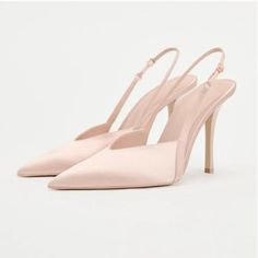 Zara Women Slingbacks Pale Pink Pump Heels Satin Effect New With Tag! Size: 7.5 Us (38) Zara Women Faux Satin Effect Sling Back Light Pale Pink Pump Heels Heeled Slingback Shoes In Satin Effect Fabric. Pointed Toe. Buckled Back Strap. Heel Height: 3.9 Inches (10 Cm) Elegant Closed Toe Slingback Pumps With 4-inch Heel, Feminine Pointed Toe Sandals With 4-inch Heel, Elegant Summer Slingback Pumps With Pointed Toe, Elegant Closed Toe Spring Slingback Sandals, Feminine Summer Slingback Pumps With 4-inch Heel, Elegant Summer Slingback Pumps With Heel Strap, Feminine Slingback Pumps With 4-inch Heel For Summer, Elegant Pink Slingback Pumps With Wrapped Heel, Spring Evening Slingback Pumps With Almond Toe