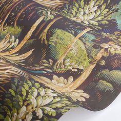 an artistic wallpaper with trees and plants on it's back side, painted in gold and green