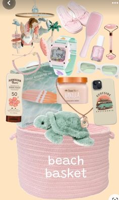 the beach basket is filled with items for sale