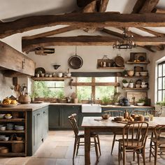 a kitchen filled with lots of wooden furniture and decor on top of tile flooring