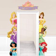 the disney princess wall decals are in front of an open door with their names on it