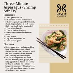 the recipe for three minute asparagus - shrimp stir fry is shown on a plate with chopsticks