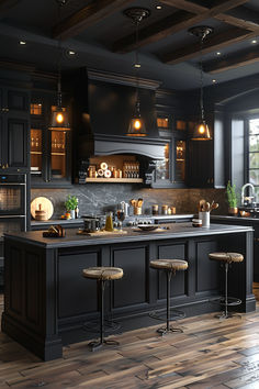 farmhouse kitchen, kitchen ideas, academia kitchen, black kitchen, moody farmhouse kitchen Moody Farmhouse Kitchen, Farmhouse Black Kitchen, Black Kitchen Design Ideas, Kitchen With Character, Black Farmhouse Kitchen, Awesome Kitchens, Moody Farmhouse, Gothic Farmhouse, Western Goth