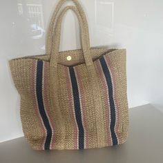 Lined Sturdy Bag. Brand New. Snap Closure. Inside Zipper Closure And Two Inside Open Pockets.Tan, Navy, Pink And Cream Stripes. Chic Pink Beach Bag For Daily Use, Pink Chic Beach Bag, Chic Pink Shoulder Beach Bag, Casual Pink Woven Shoulder Bag, Pink Woven Satchel Bag, Everyday Pink Beach Bag With Adjustable Strap, Chic Pink Woven Bag, Pink Straw Tote Bag With Adjustable Strap, Pink Summer Bag For Everyday Use