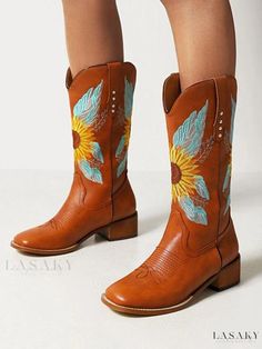 Lasaky - Womens Mid Calf Cowboy Boots - Premium PU Leather, Rounded Toe, Ideal for Cowgirl Wedding Attire Sunflower Cowboy Boots, Boots With Sunflowers, Mid Calf Cowboy Boots, Brown Boots Outfit, Knee High Cowboy Boots, Embroidery Boots, Cowgirl Wedding, Brown Boots Women, Western Style Boots