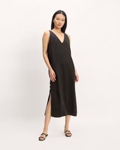 The TENCEL™ Midi Slip Dress Black – Everlane Chic Unlined V-neck Maxi Dress, Sleek V-neck Maxi Dress For Spring, Chic V-neck Slip Dress With Side Slits, Sleek V-neck Midi Dress For Spring, Unlined V-neck Sleeveless Dress, Sleeveless Midi Dress With Side Slits For Vacation, Sleek Knee-length Sleeveless Dress For Summer, Sleek Sleeveless Knee-length Dress For Summer, Sleek Knee-length Sleeveless Summer Dress