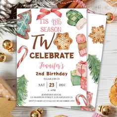 this is an image of a holiday party card with watercolor christmas decorations and presents