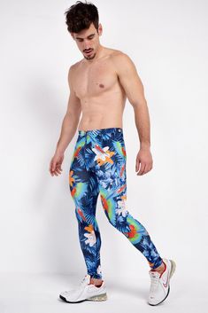 Description: Blue Jungle Print Men's Leggings Breathable & Moisture Wicking 4-Way Stretch Fabric Machine Wash Cold, Quick Drying High Stretch Nylon / Spandex Bolt Logo Patch This design does not have pockets Model is 6’2’’ (189cm) tall, 34’’ (86cm) waist and wears size Large. Blue High Stretch Summer Pants, Summer High Stretch Blue Pants, Blue High Stretch Pants For Summer, Summer Tight Blue Bottoms, Casual Compression Blue Bottoms, Blue Moisture-wicking Activewear Long Pants, Blue Stretch Moisture-wicking Bottoms, Blue Sports Pants For Summer, Tight Blue Sports Pants