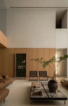 a living room filled with furniture and a plant in a vase on top of a coffee table