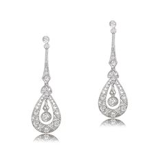 GS590_TV Diamond Filigree Earrings, Estate Diamond Jewelry, Platinum Earrings, Edwardian Style, Tear Drop Earrings, Filigree Earrings, Diamond Earring, Edwardian Fashion, Drop Earring