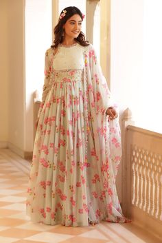 Floral printed chiffon Anarkali with Embroidery and keyhole details on yoke. Paired with chiffon printed dupatta, beads and fringe latkan details all over the dupatta Chiffon Anarkali, Lehenga Suit, Printed Dupatta, Anarkali, Floral Printed, Spring Break, Skirt Length, Lehenga, Custom Sizing