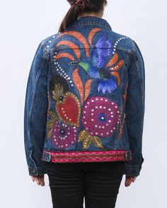 New Limited Custom Design Hand Crafted Denim Painted Jacket Multicolor Denim Jacket For Festivals, Festival Multicolor Denim Jacket, Hand-painted Blue Denim Jacket, Blue Hand Painted Denim Jacket, Artsy Denim Jacket For Fall, Artistic Hand Painted Denim Jacket, Artistic Denim Outerwear For Spring, Artistic Hand Painted Blue Denim Jacket, Artsy Long Sleeve Denim Jacket For Fall