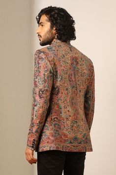 Multicolor full sleeve bandhgala with floral, paisley woven motifs and mandarin collared neckline. - Aza Fashions Traditional Paisley Print Kurta For Festive Occasions, Traditional Festive Kurta With Paisley Print, Traditional Bandhgala With Long Sleeves And Printed Motifs, Traditional Long Sleeve Bandhgala With Printed Motifs, Transitional Printed Nehru Jacket, Transitional Season Printed Nehru Jacket, Transitional Fitted Nehru Jacket With Printed Motifs, Traditional Fitted Nehru Jacket With Printed Motifs, Long Sleeve Bandhgala With Printed Motifs For Eid