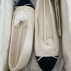 Too Small For Me, I’m Usually A 37. Need To Sell. Make Me An Offer! Chanel Flats, Chanel White, Glass Slippers, Black Ballet, Black Ballet Flats, Glass Slipper, White Flats, Chanel Shoes, Flat Shoes Women