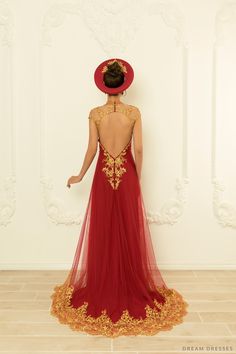 Our stylish and chic Nelly burgundy red ao dai with gold lace will certainly make a grand entrance on your big day. We love how enchanting the gold lace detailings look paired with a deep, burgundy color; truly romantic! A gorgeous illusion neckline and small cap sleeves add a modern twist to this traditional, classic ensemble. Feel unique and bold adorned in Nelly! Detail: Burgundy red Vietnamese Ao Dai Collar: 1.2''/3cm Illusion neckline Small cap sleeves Keyhole back Chiffon pants Sweep train Bridal Ao Dai, Red Ao Dai, Vietnamese Ao Dai, Chiffon Pants, Unconventional Wedding, Dream Dresses, Illusion Neckline, Deep Burgundy, Gold Lace