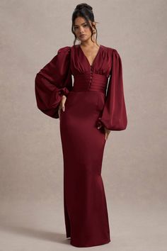 Helsinki | Berry Satin V-Neck Balloon Sleeve Maxi Dress Club L London, Black Dress Prom, Black Tie Gala, Party Dress Long Sleeve, Bridesmaid Outfit, Black Sequin Dress, Plunge Neckline, Sleeve Maxi Dress, Invisible Zip