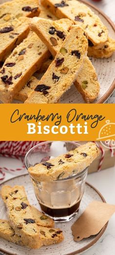 cranberry orange biscotti on a plate with a cup of coffee