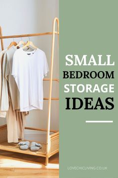 small bedroom storage ideas with clothes on racks and shoes hanging from the rack in front of them